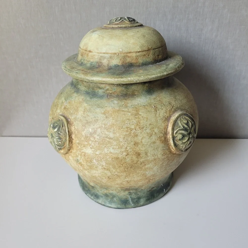 Vintage Rustic Ceramic Cookie Jar Large Green Tan Pottery Canister Crock Lid